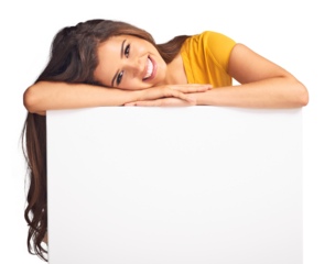Woman, portrait and smile with leaning on a placard isolated on a png transparent background. Face, poster and happy female person for advertising, marketing and commercial promotion or mockup
