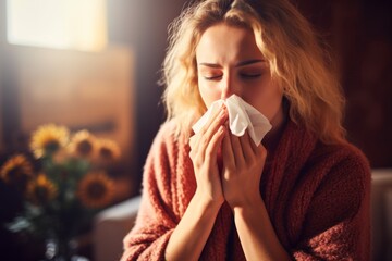 Sick woman blowing her nose and covering it with tissue, Woman with cold - obrazy, fototapety, plakaty