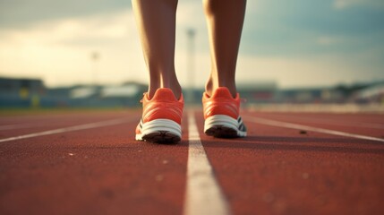 Close up on running shoes, Runner athlete feet on the track in the sunlight