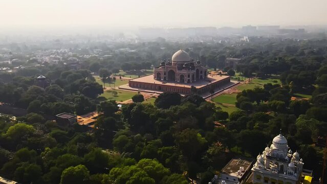 Aerial view of Humayun's Tomb, Delhi, India. Humayun's tomb is the tomb of the Mughal Emperor Humayun.