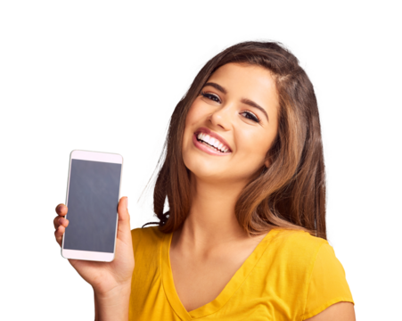 Woman, portrait and smile for cellphone screen as mockup space or social media, internet or isolated on transparent png background. Female person, face and mobile or website, app or online connection