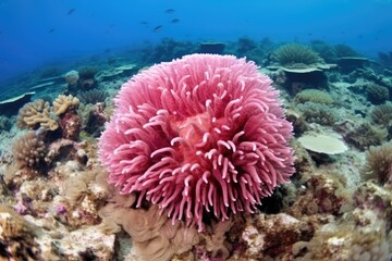 close-up shot of a pink sea anemone attached to coral