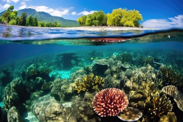brightly coloured coral reef under crystal-clear water