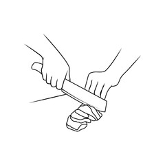 Professional Cheff Cutting Meat using Kitchen Knife Skill. Editable Stroke. Adjustable Stroke Width.