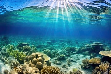 Naklejka na ściany i meble the suns rays penetrating turquoise seawater, illuminating the coral reef