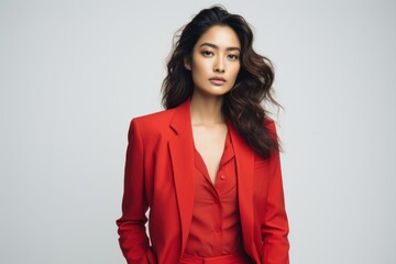 Obraz premium Beautiful and stylish fictional Asian model posing with confidence in an elegant red suit. Generative AI.