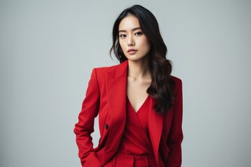 Beautiful and stylish fictional Asian model posing with confidence in an elegant red suit. Generative AI.