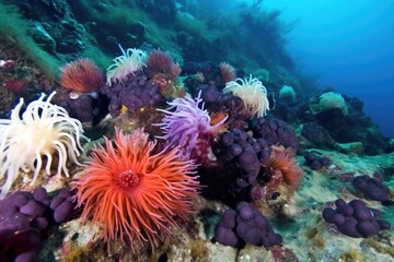 Naklejka na ściany i meble various-hued sea anemones in a restored reef