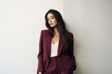 Beautiful and stylish fictional Chinese model posing with confidence in an elegant burgundy suit. Generative AI. - obrazy, fototapety, plakaty