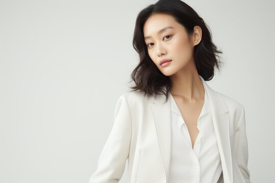 Beautiful and stylish fictional Chinese model posing with confidence in an elegant white suit. Generative AI.