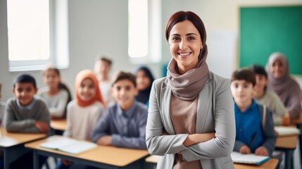 Portrait of a smiling female teacher in elementary school class, looking at camera with students in the background