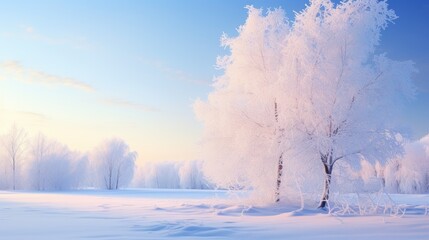 Trees standing on a snowy field in winter, snowy plain, blue sky