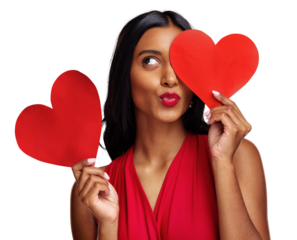 Woman, red heart and makeup with kiss emoji, face and beauty for romantic sign on isolated transparent png background. Girl, fashion model and cardboard sign for love, cosmetic and valentines day