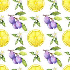 Seamless watercolor fruit pattern with lemons, plums and flowers. Hand painted fruit pattern with a lemon and plums.