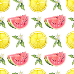 Seamless watercolor fruit pattern with lemons, watermelons and flowers. Hand painted fruit pattern with a lemon and a watermelon.