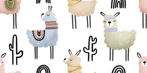 Seamless pattern with llamas, cactus and rainbow. Cute childish endless background. Cartoon alpaca © Ilona