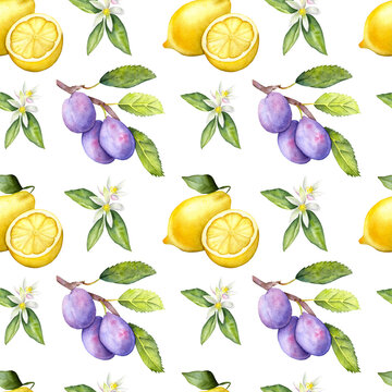 Seamless watercolor fruit pattern with lemons, plums and flowers. Hand painted botanical pattern with a lemon and plums.