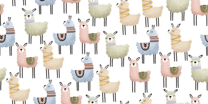 Cute cartoon alpack on transparent background. Seamless pattern for kids, nursery with lama