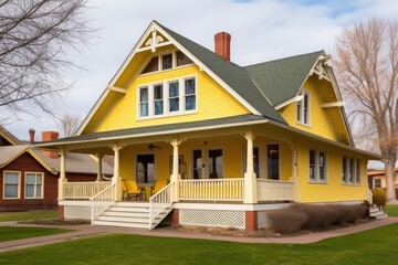 wide-angle view of a yellow craftsman house with central gable