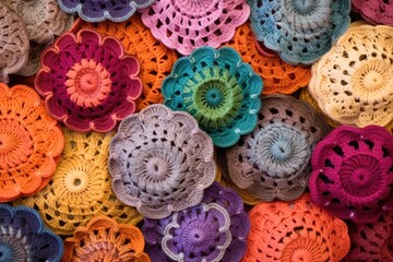 up-close click of crochet patterns in a hat - obrazy, fototapety, plakaty
