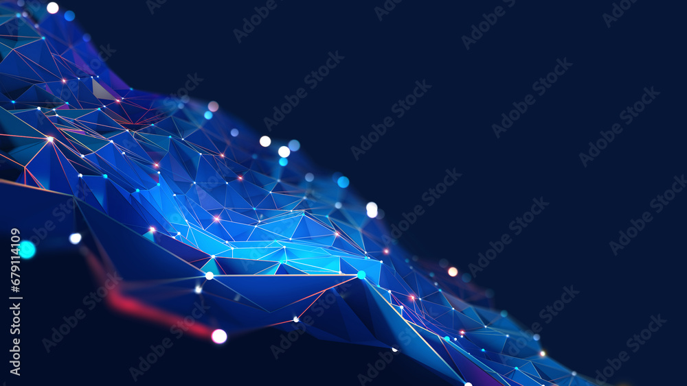 Poster Technology and business. Innovation in science. Research and teaching. 3D illustration of a neural network with a text insertion field