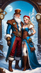 Santa Claus and Snow Maiden in steampunk style. Christmas. 