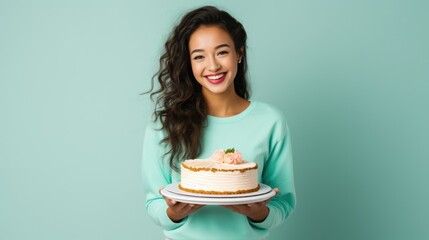 Carefree young teen with glad expression holding birthday cake and smiles widely, isolated over blue background in studio - Powered by Adobe