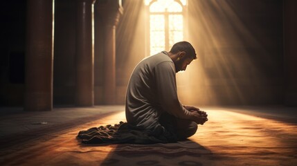 A devout Muslim man bows to pray in a mosque. - obrazy, fototapety, plakaty