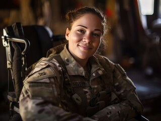 Fototapeta premium A disabled female soldier wearing a happy camouflage uniform sits smiling looking at the camera from a wheelchair in her home.