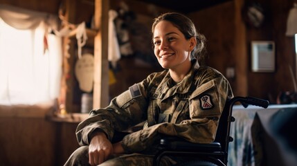 A disabled female soldier wearing a happy camouflage uniform sits smiling looking at the camera from a wheelchair in her home. - obrazy, fototapety, plakaty
