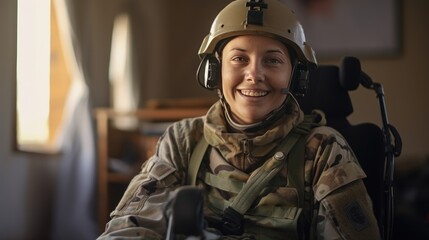 A disabled female soldier wearing a happy camouflage uniform sits smiling looking at the camera from a wheelchair in her home. - obrazy, fototapety, plakaty