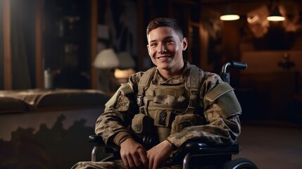 Fototapeta premium A disabled young male soldier wearing a happy camouflage uniform sits smiling looking at the camera in a wheelchair.