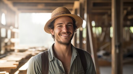 A young man of the new era, WOOD ENGINEER, wears a hat, smiles and shows his whole body.