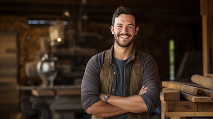 Obraz premium A young man of the new era, WOOD ENGINEER, wears a hat, smiles and shows his whole body.