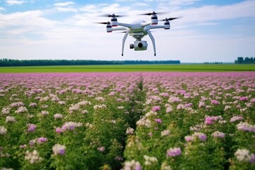 Obraz premium flying drone above a vast field of blooming flowers