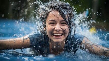 A smiling American woman wearing a blue floral shirt happily plays in the water during the Songkran festival in central Thailand.
