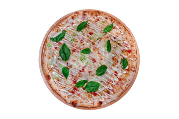 Pizza with cheese ham mayonnaise and basil, top view, isolated on white background with clipping path
