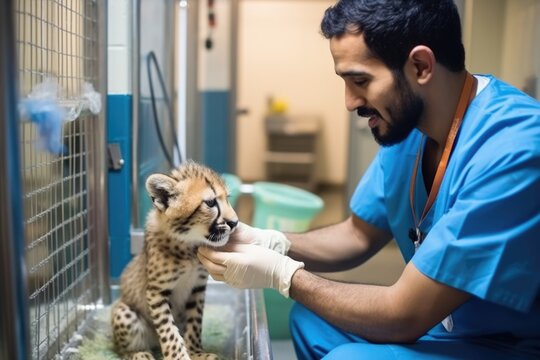 picture of a zookeeper feeding a baby cheetah in a sterile facility