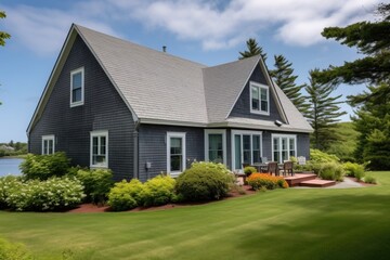 expanded cape cod house with a slate grey roof