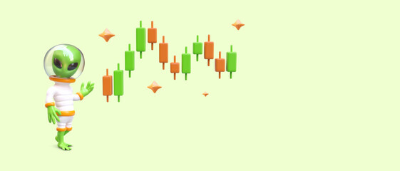 Green humanoid shows chart with Japanese candles. Stock trading. Help from financial consultant, navigation. Vector concept with 3D illustration, place for text