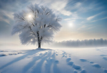 Frosty winter landscape with a lonely tree. Sparkling snow, blue sky, footprints in the snow leading to a tree