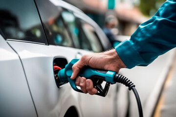 Close-up of a man refueling a car at a gas station.IA generativa