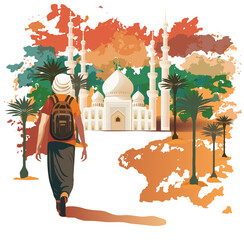 Traveler walking to the big mosque in the desert. Concept of travelling in Muslim countries vector illustration