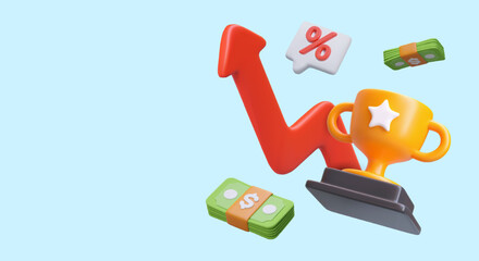 Percent, red arrow, flying banknotes and gold goblet. Business strategy, management marketing and finance concept. Development and growth. Vector illustration in 3d realistic style