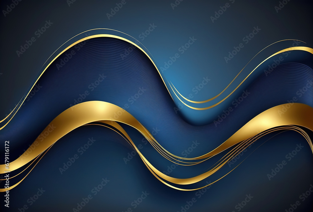 Wall mural wave ornament abstract background. golden blue color gradient glowing curl curve layers design geome
