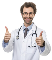 Doctor gives thumbs up light of admiration, Portrait of handsome male doctor on a transparent background PNG.