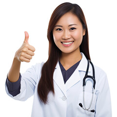 Doctor gives thumbs up light of admiration, Portrait of a beautiful female doctor on a transparent background PNG.