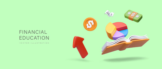 Colorful poster for online school. Concept of financial education. 3d realistic open book, diagram, banknote and coins. Financial growth and development. Vector illustration in 3d style