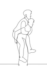 man carries another man on his back - one line art vector. concept piggyback