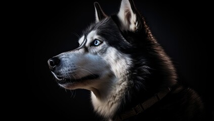 Majestic Siberian Husky with piercing blue eyes, highlighted against a dark backdrop.